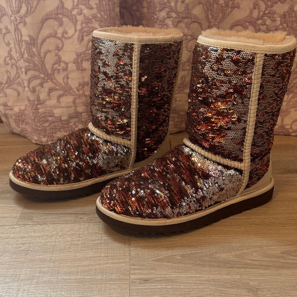 UGG Sequin Mid-Calf Boots in Brown and Cream